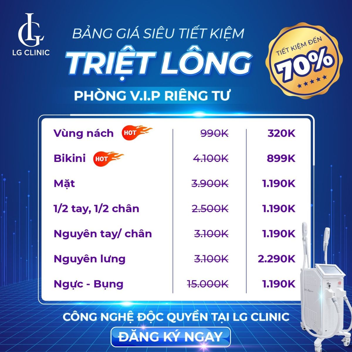 Bảng giá triệt lông tại LG Clinic