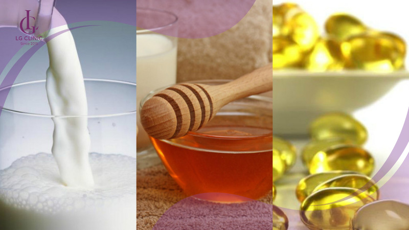 Vitamin E, sữa tươi và mật ong giúp cung cấp độ ẩm, tái tạo làn da
