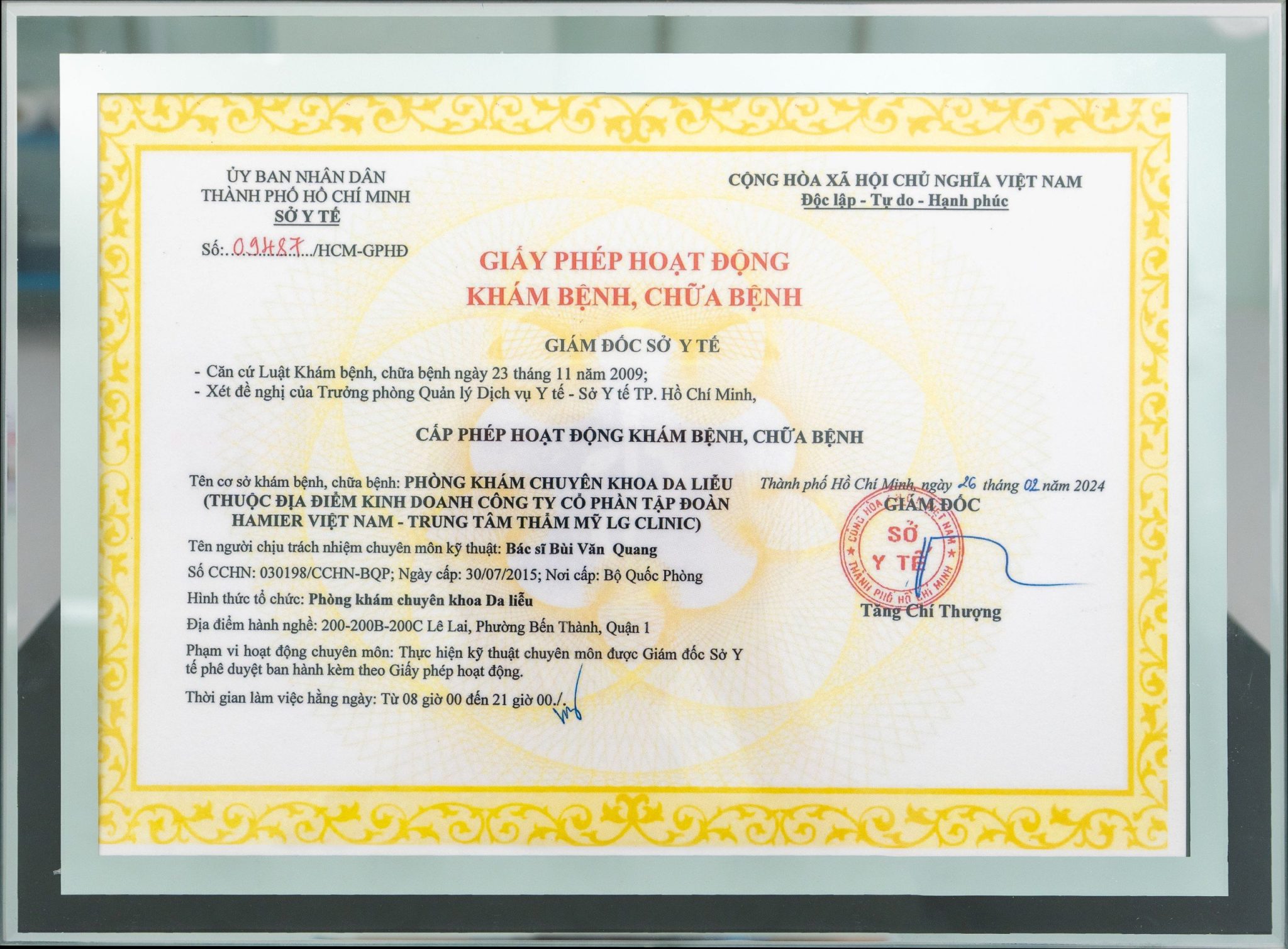 Giấy phép hoạt động khám chữa bệnh của phòng khám da liễu LG Clinic do Sở Y Tế cấp phép
