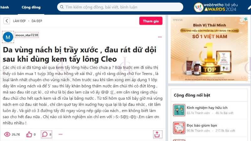 Review kem tẩy lông Cleo bơ trên diễn đàn Webtretho