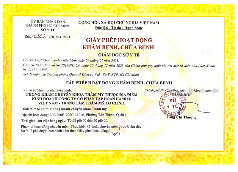 Giấy phép hoạt động khám chữa bệnh của Viện thẩm mỹ LG Clinic