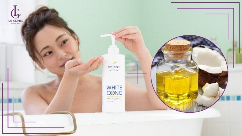 làm trắng da bằng dầu dừa trộn sữa tắm