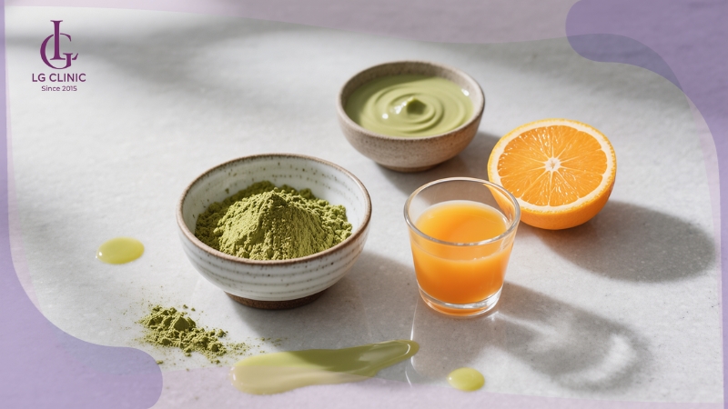cách làm mặt nạ trắng da từ bột trà xanh và cam