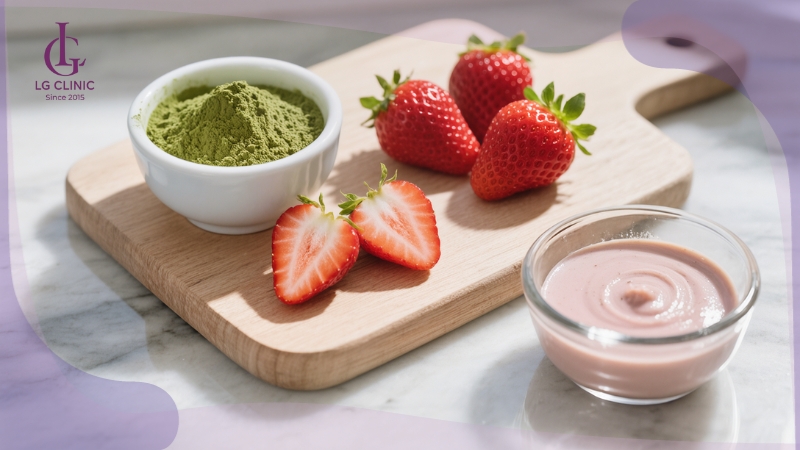 cách làm mặt nạ trắng da từ bột trà xanh và dâu tây