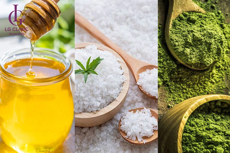 Muối hạt, mật ong và bột trà xanh