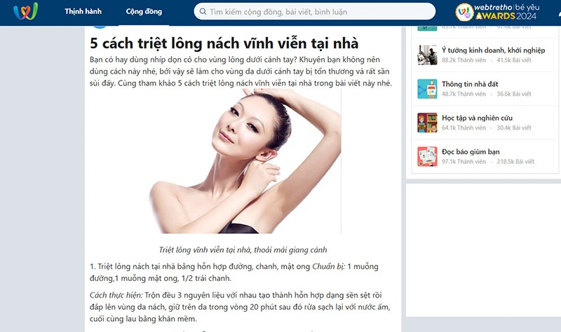 Bài đăng chia sẻ cách triệt lông nách tại nhà trên diễn đàn làm đẹp Webtretho