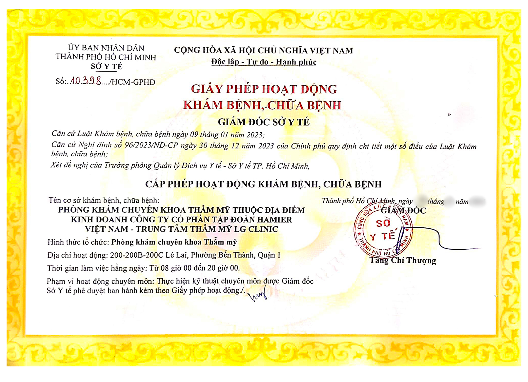 giấy phép phòng khám LG CLINIC