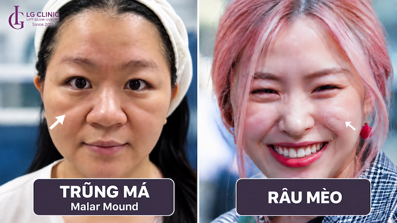 Phân biệt trũng má Malar Mound và râu mèo