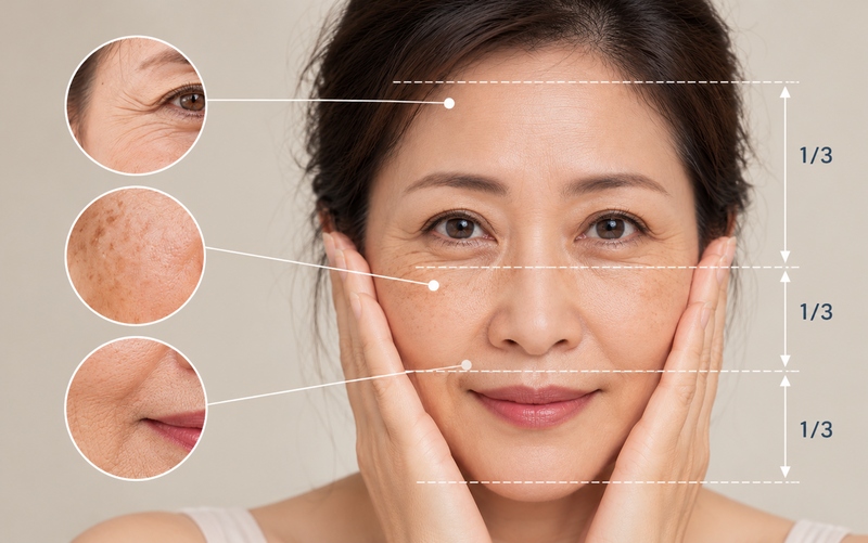 Khuôn mặt chia 3 vùng 1/3 trên, giữa, dưới kèm các dấu hiệu nếp nhăn từng vùng